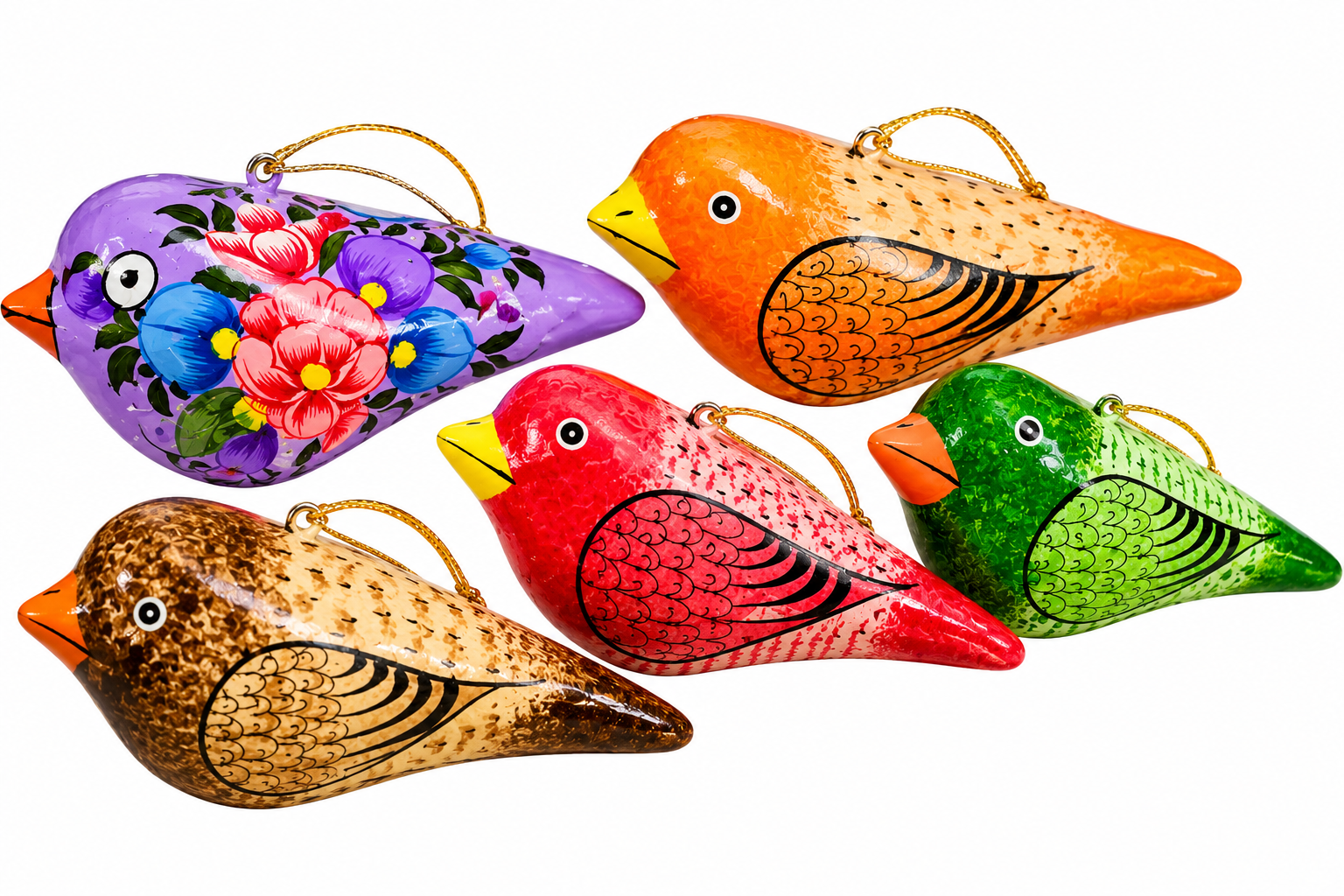 Set of 6 Hand painted birds, Hand painted Paper mache birds, paper mache Ornaments, Handmade Christmas Baubles, Handmade Birds hangings